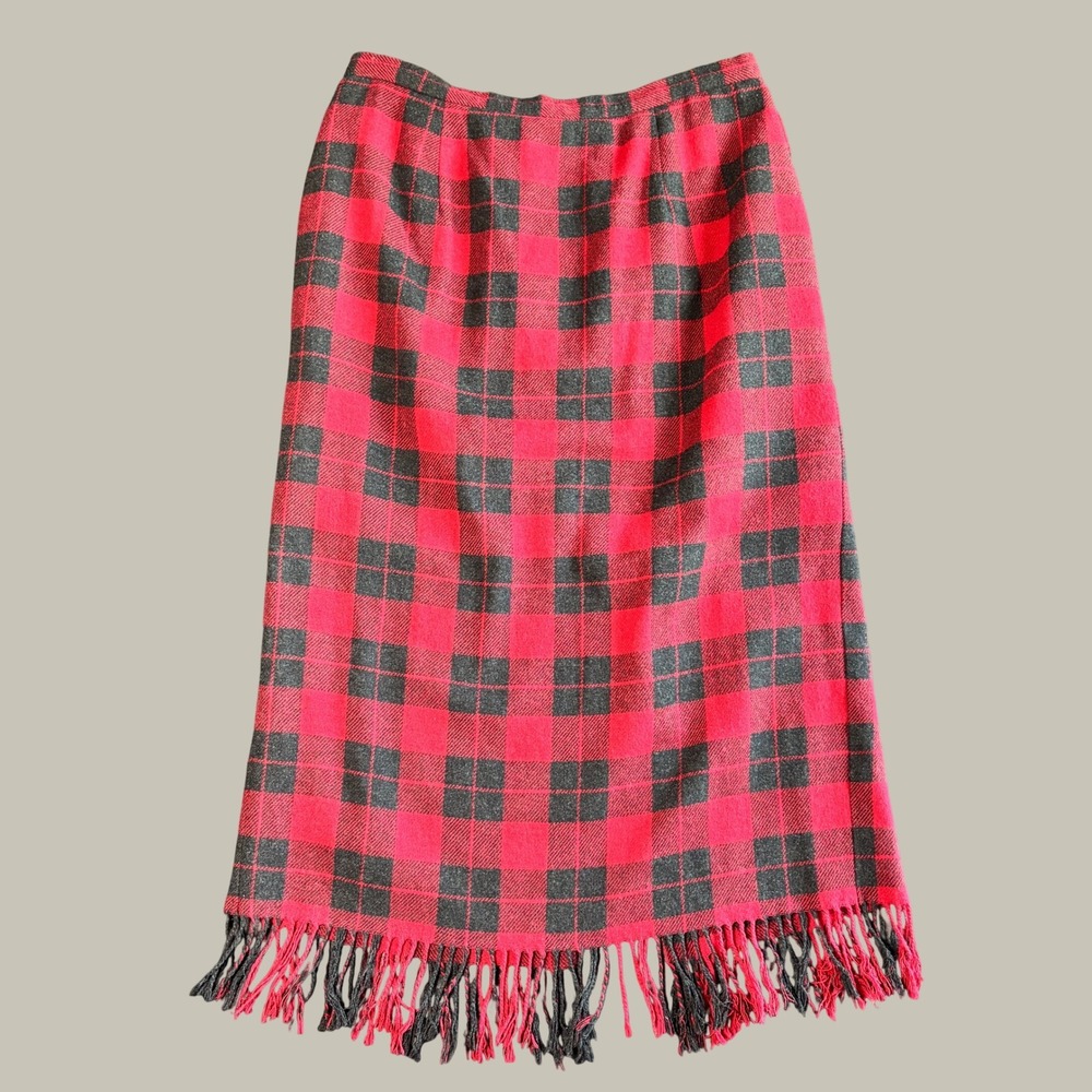 Briggs New York Skirt 16 Red Wool Blend Plaid Fringed Lined Midi Skirt Academia